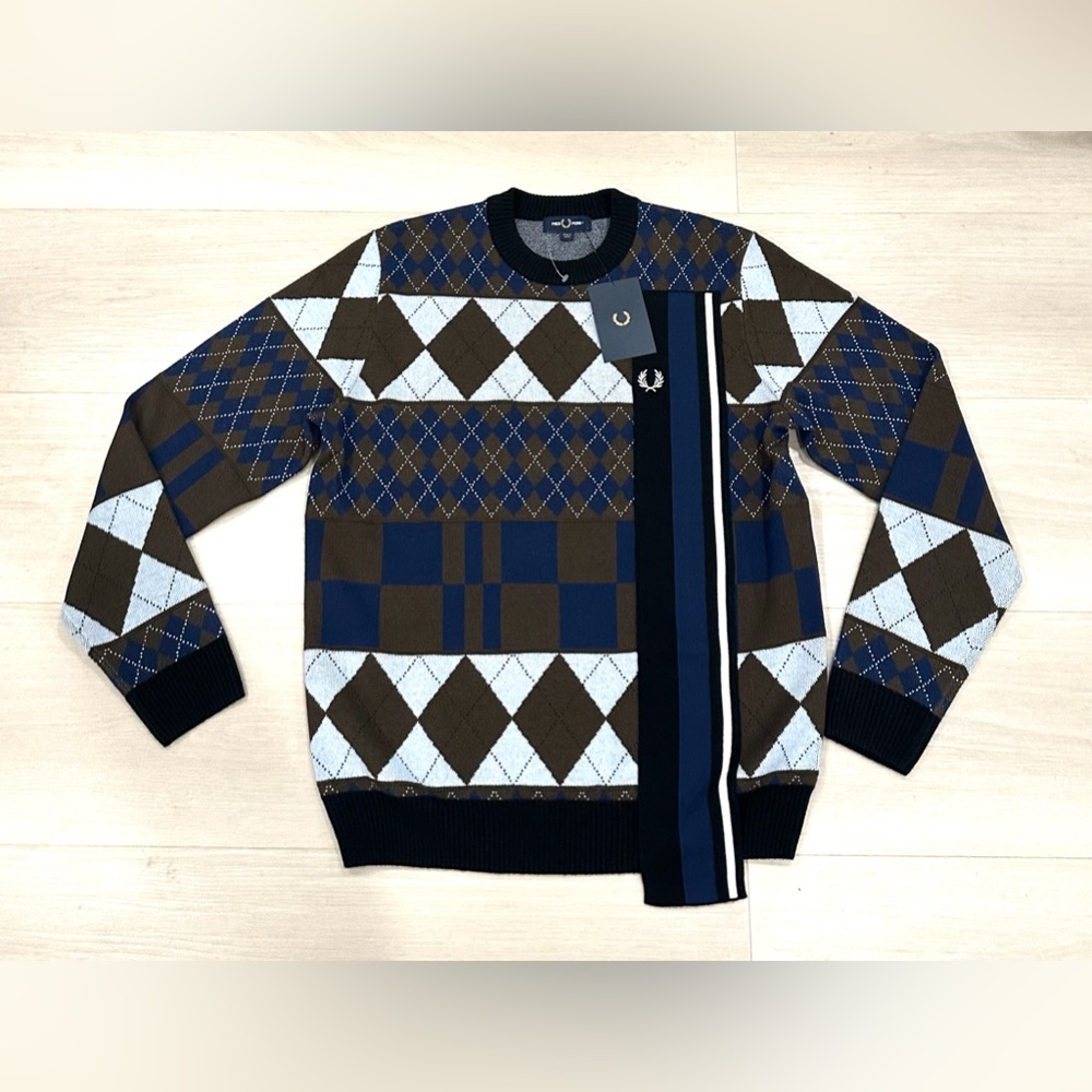 Fred Perry Argyle Wool Jumper Preppy Crew Pullover Knit Sweater Mens XL